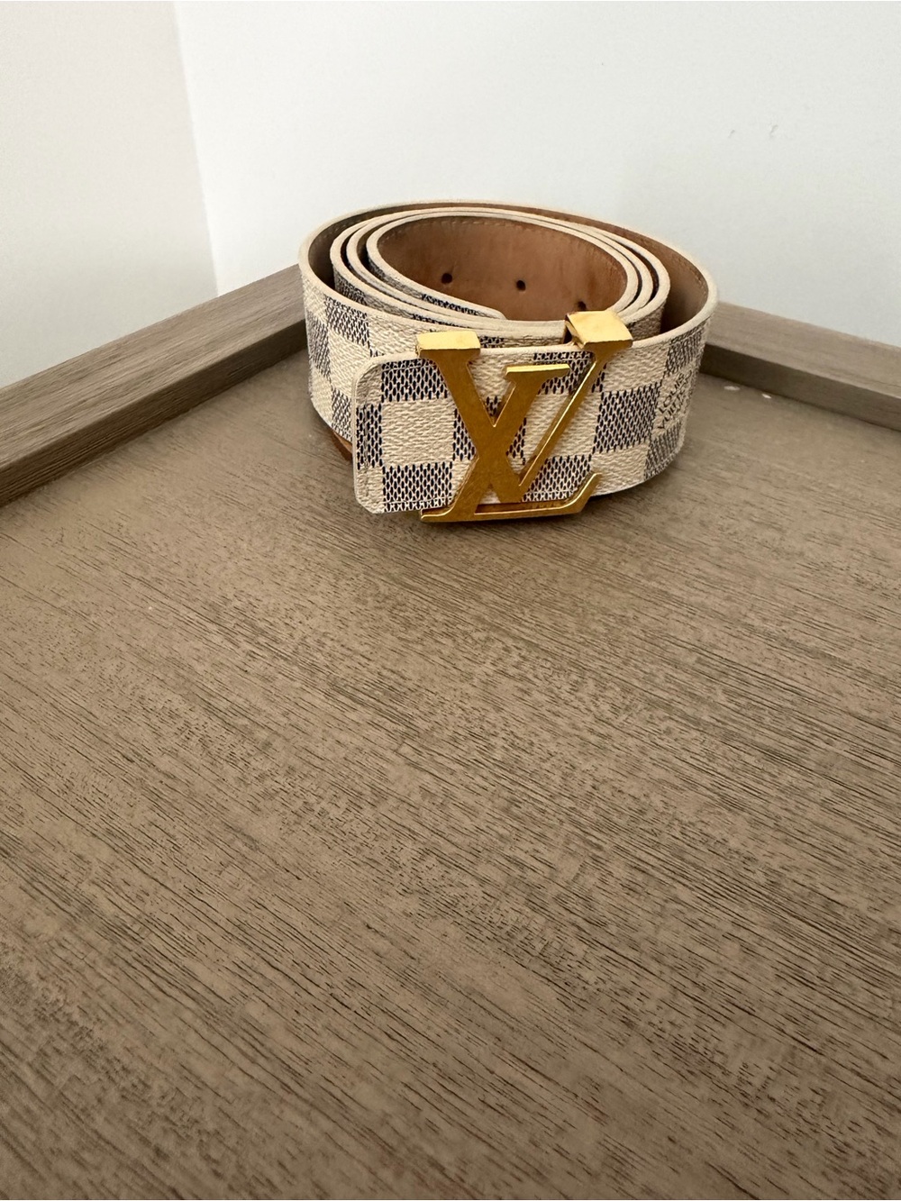 Louis Vuitton Damier Azur Canvas Belt in Beige/White with Gold LV Buckle